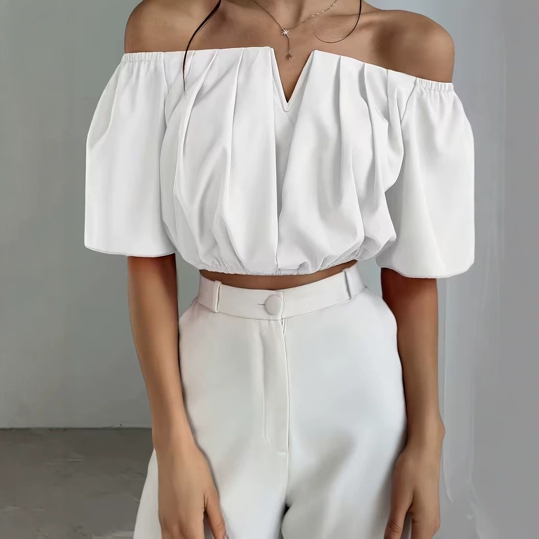 Off-the-shoulder cropped top women's Western style solid color V-neck pleated puff sleeve waist-revealing short shirt