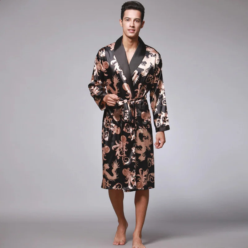 Men Summer Autumn Kimono Bath Robe Silk Satin Golden Dragon Long Bathrobe Dressing Gown Knee Length Black Sleepwear260622