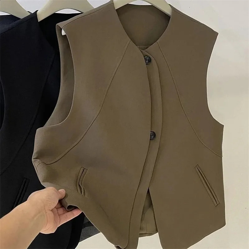 Autumn Ladies Fashion Cardigan Sleeveless Outwear Women Round Neck Casual Vest Coat Korean Female Solid Color Waistcoat Jacket 260624BJ