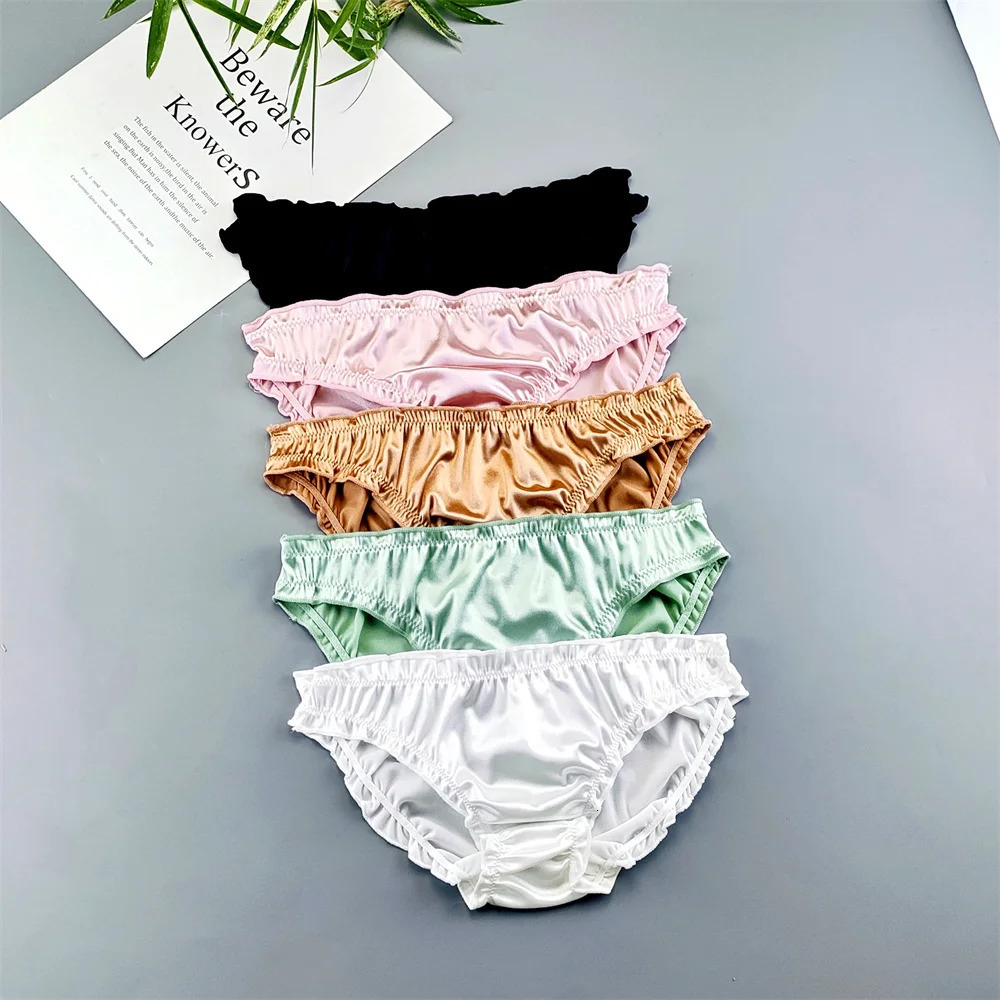 5PCSSet Ruffles Womens Panties Sexy Lingerie Big Size Smooth Pearlescent Silk Satin Briefs Soft Cozy Underpants Plus 260624