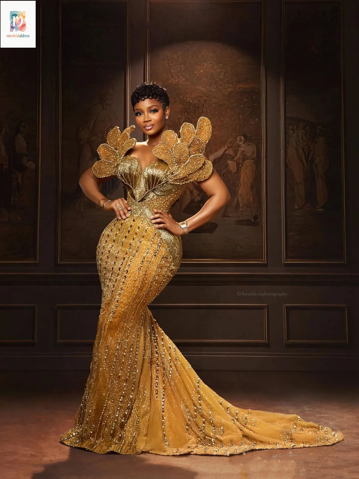 Gold Mermaid Prom O Neck Beads Party Sparkle Crystals Birthday Princess Evening Gowns Dress Plus Size Customized Vestido De Novia Mb625