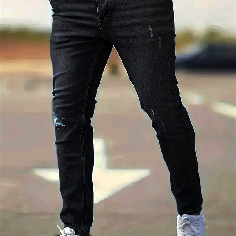 Mens American Retro Hole-Punched Stretch Slim Fit Jeans Zipper Casual Streetwear Denim Pants Classic Black Blue Skinny Trousers 260617CJ