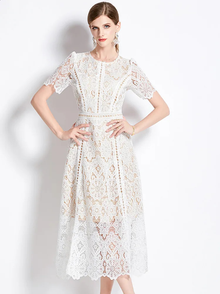 HMA French Fashion Lace Hollow Out Long Dress Women Summer Short Sleeve Elegant Mid-Length High Quality Vestidos 260624
