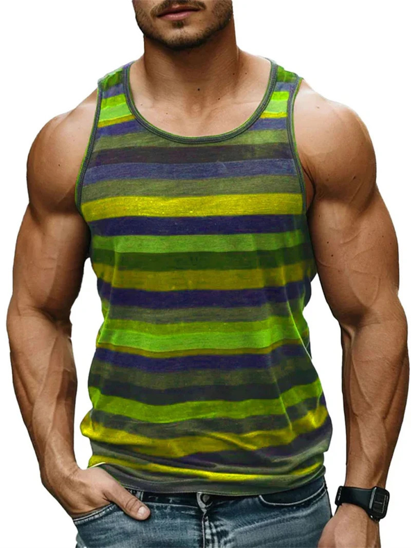 Vintage Stripe Graphic Tank Tops For Men Fashion Casual Summer Sleeveless 3D Printed Vest Loose Crew Neck Quick Dry Sports Tees 260618