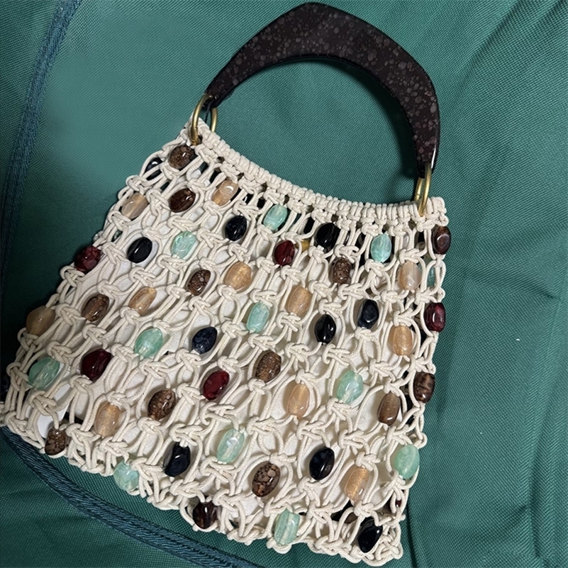 Hand-woven Beaded Tote Bag With Wooden Handle Boho Style Knitted Handbag Large Capacity Hollow Out Woven Bag For Summer Beach 260625