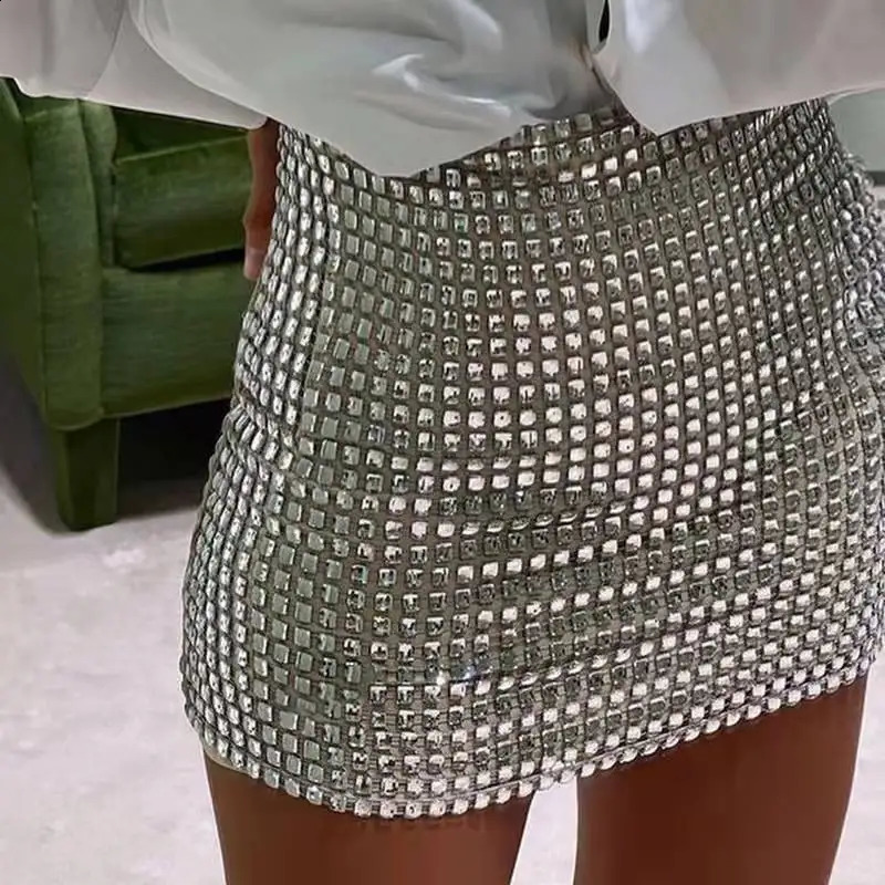 Summer Women Sequined Slim A-Line Skirt Ladies Wrap Hip Solid Sliver Mesh Skirt Female Casual Above-knee Sexy Fashion Skirts 260624BJ