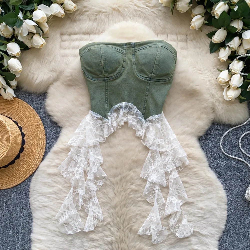Sexy Spliced lace Chic Crop Top Korean Tanks Top Women Corset Bustier women clothing 260624