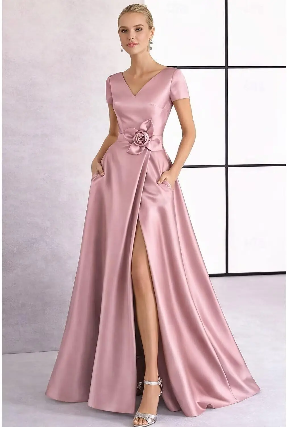 Vintage Pink Satin A Line Mother of The Bride Dress for Women With Pockets V Neck 3D Flower High Split Formal Evening Party Gown Dresses