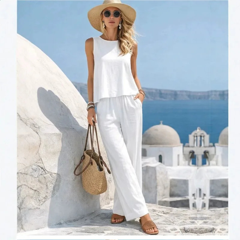 Womens Linen Blend 2 Piece Set Sleeveless Round Neck Top and Elastic Waist Wide Leg Pants Summer Vacation Outfit 260625