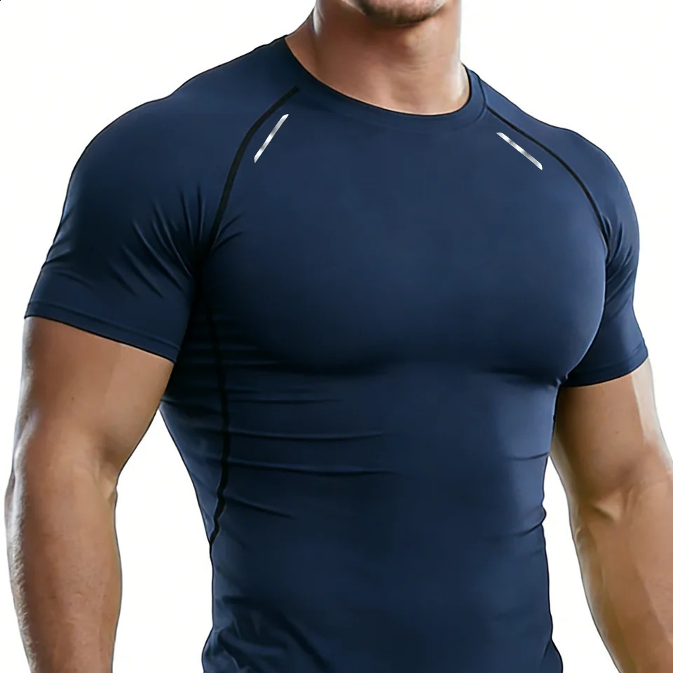 Mens Reflective Stripe Quick Dry Compression T-Shirt - Elastic Athletic Workout Top for Running Gym Fitness260624
