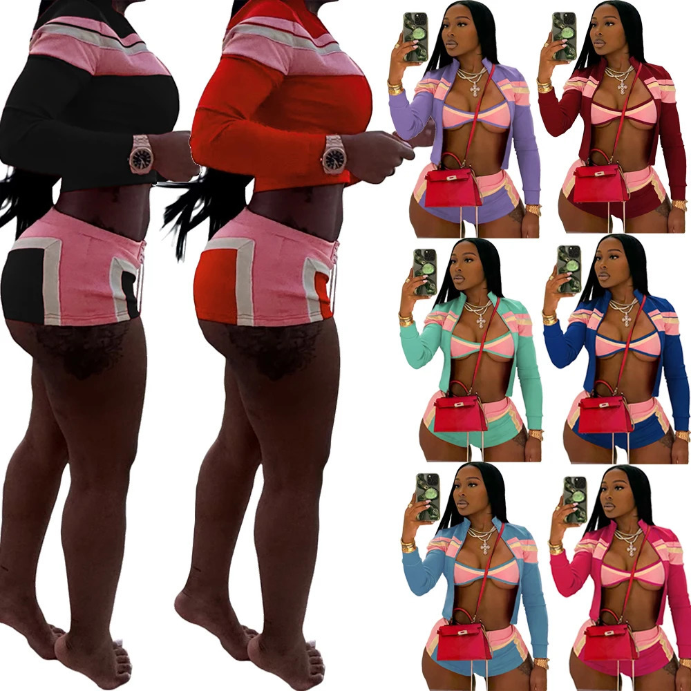 Conjunto de 3 piezas de verano para mujer, ropa de descanso a rayas, chándal, sujetador, chaqueta con cremallera y pantalones cortos, conjuntos para