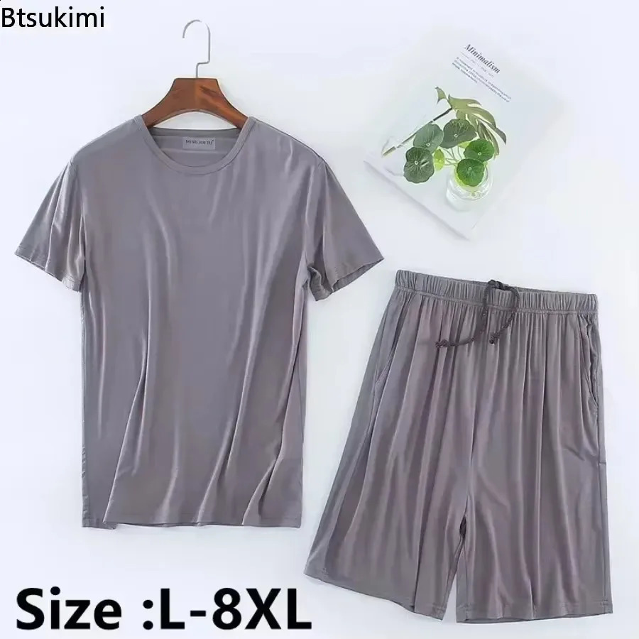 2026 Mens Summer Casual Sleepwear Sets Solid HomeWear Suits 2pcs Modal T-shirt and Shorts Oversized Summer Pajamas Male L-8XL 260622