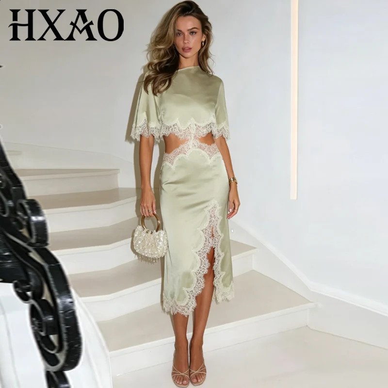 HXAO Asymmetric Satin Lace Dress Womens Dress Summer 2026 Sexy Midi O-Neck Batwing Short Sleeve Cut Out Vestidos Party Dresses 260624BJ
