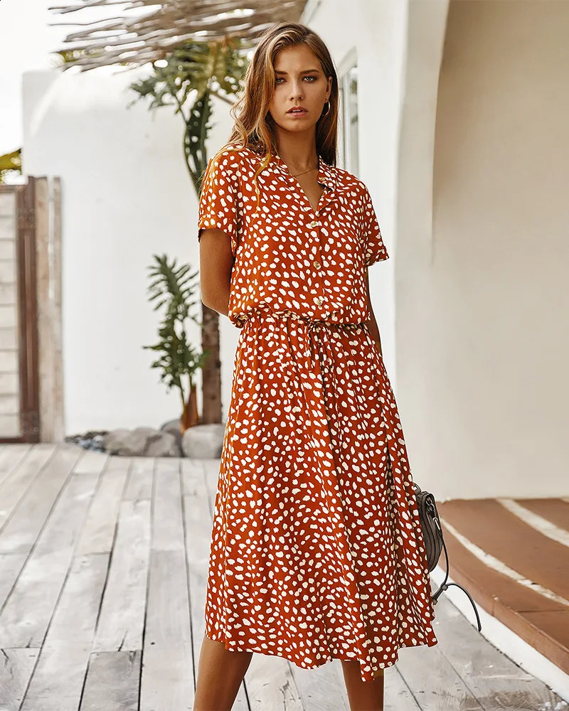 Vintage Floral Print Dress Women Boho Short Sleeve Long Dress Turn Down Collar Casual Waistband Shirt Dresses Robe Summer 260625