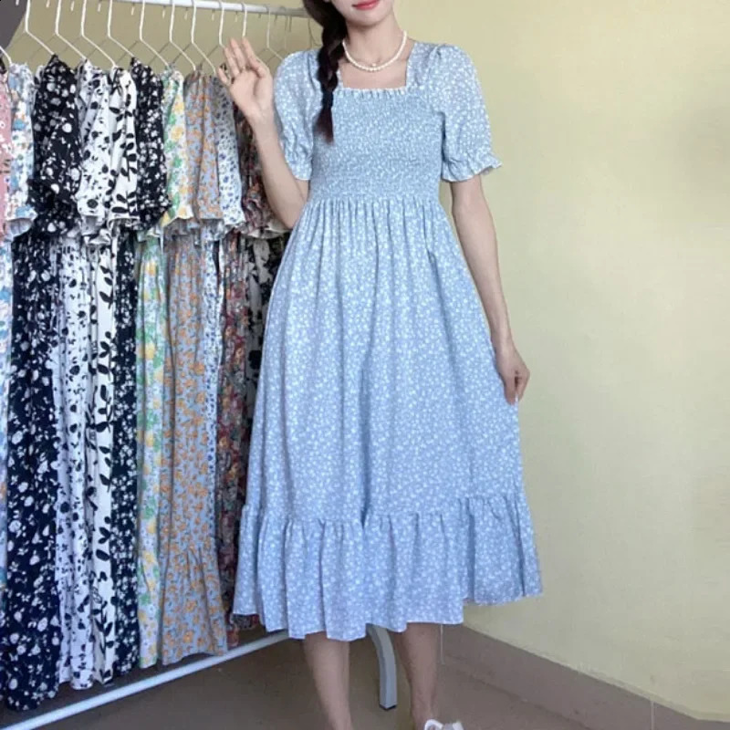 Spring Summer Elastic Waist Chiffon Dress Women Casual Dresses Fashion Female Vestidos Short Sleeve Pleated A-line Dresses 260625BJ