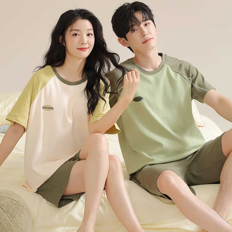 Matching Men Women Cotton and Soft Sleepwear Summer Thin Cool Shorts Pajamas Set for Couples Round Neck Youth Pijamas M260625