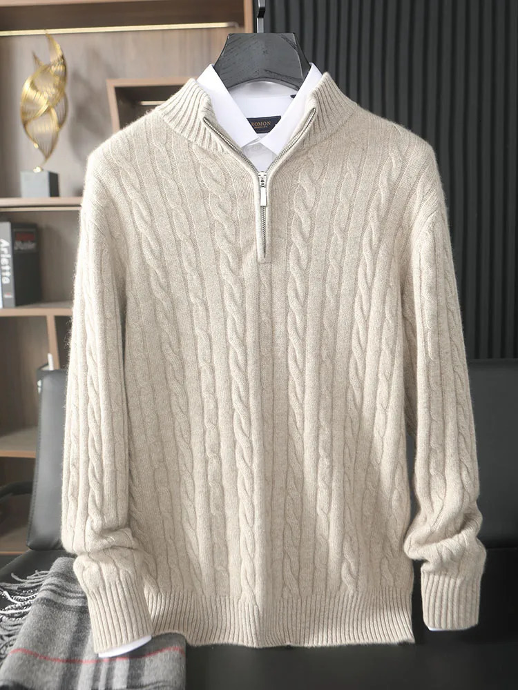 High-end y 100 pure cashmere sweater mens semi-high neck zipper pullover knitted sweater cashmere 260624