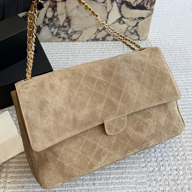 Vintage Beige Suede Quilted Flap Shoulder Bag Women Large Capacity Gold Metal Chain Crossbody Bag Luxury Designer Classic C Turnlock Handbag for Dai