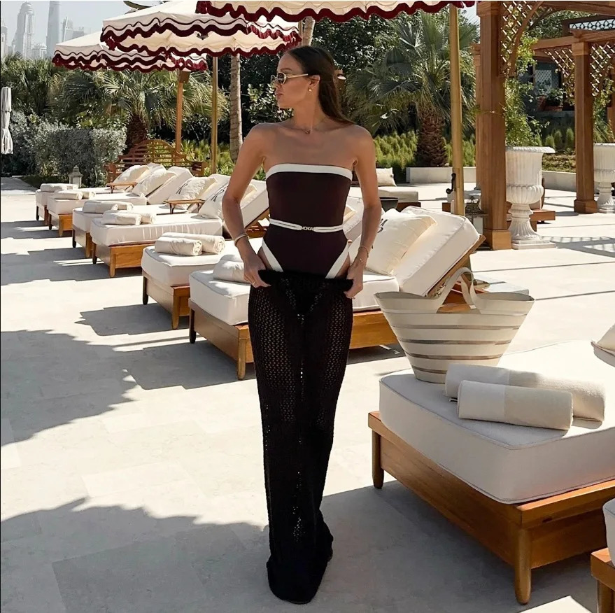 Summer Womens Patchwork One-piece Suit Swimwear Sexy Strapless Bandeau Swimsuit High Waist Slim Bodysuit Beachwear 260624