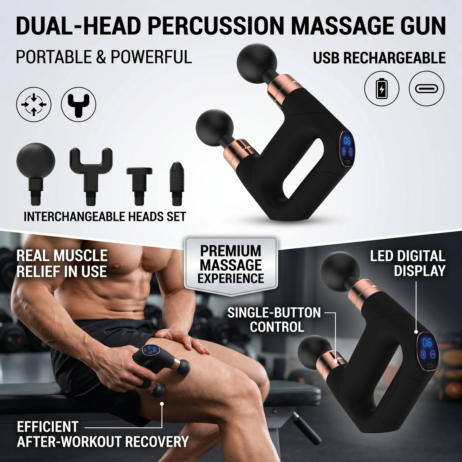 LCD Style Portable Handheld Mini Fitness Product Electric Muscle Relaxation Double Head Fascia Gun Massager USB 260625