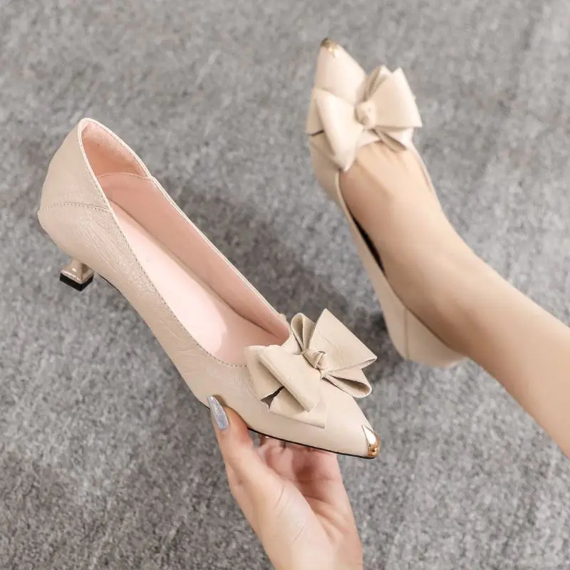 Womens Summer Footwear Office with Medium Heels Shoes for Woman Black Bow Pointed Toe High Quality Chic and Elegant Casual 260624