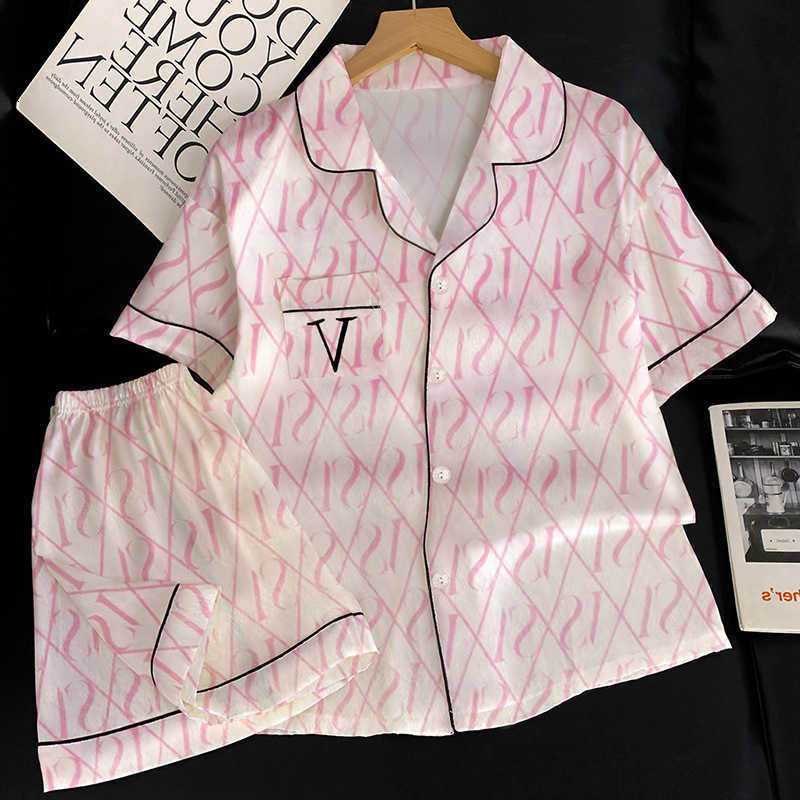 Set Korean-Style Minimalist Short-Sleeved Pyjama for Women Summer Lightweight Silk-Feel Homewear Fashionable Two-Piece Set M260625
