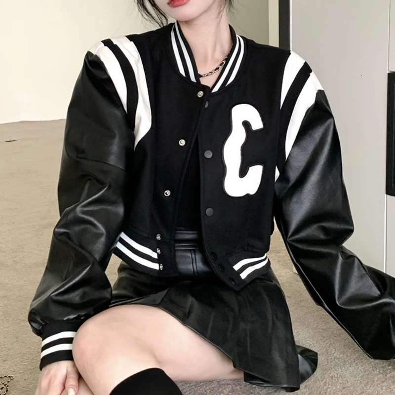Jackets Bomber Black Coats Leather Baseball Short Coat Y2k Jacket Woman Goth Clothing Streetwear 260624