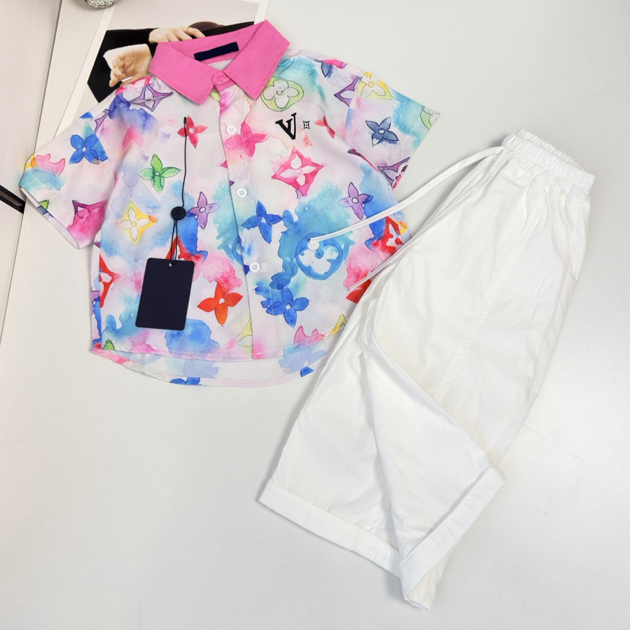 Kids Designer Clothes Boys Summer Casual Outfit Toddler Short Sleeve Shirt and White Loose Wide Leg Pants Children Clothing Set 2 Pcs Size 90CM-150C