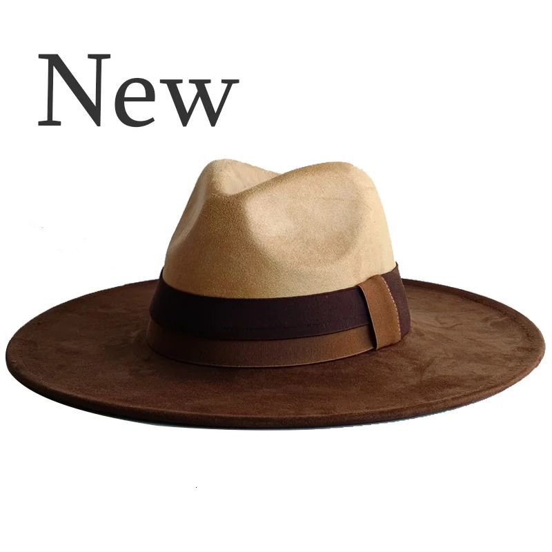 Brown And Camel Colored Patchwork Suede Hat Autumn and Winter Womens Felt Hat Wide 10cm Brim Hat Retro Mens Hat Gorras Hombre 260624