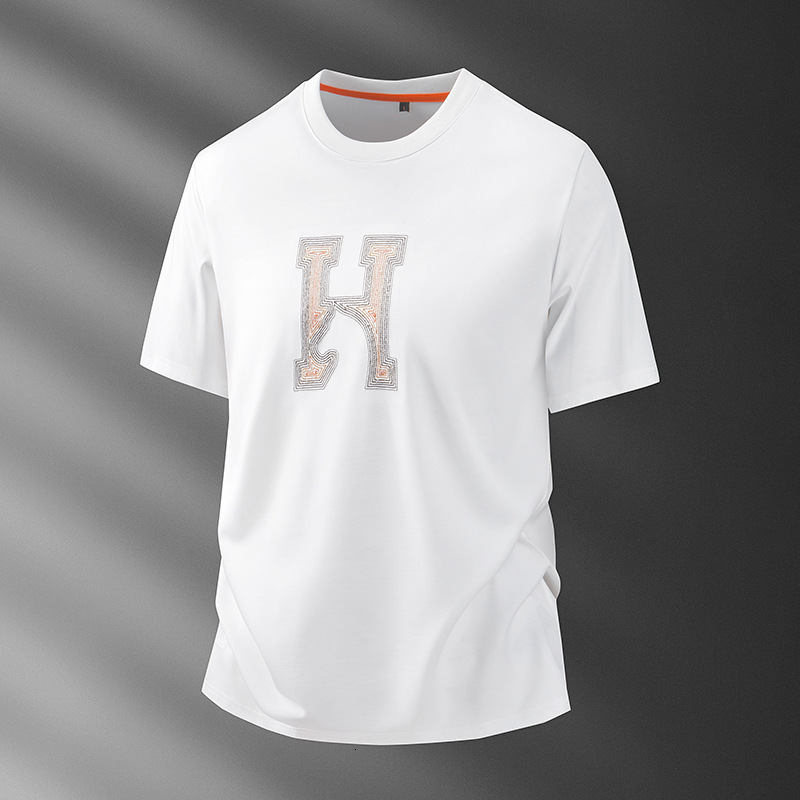Male Round Neck Half Sleeve Top Thin Ice Feel Mulberry Silk Cloth Layered Letter Embroidery Tight Cut Two Solid Shades Soft Comfort Business Casual