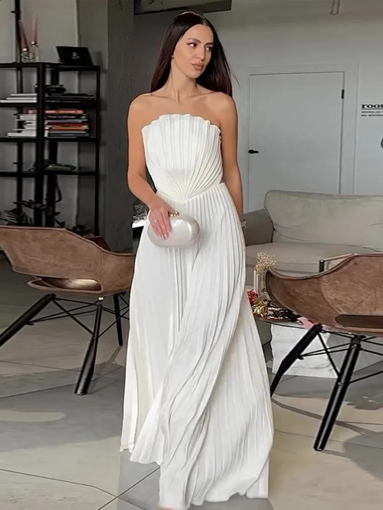Elegant Solid Pleated Off Shoulder Long Dresses for Women Chic Sleeveless Backless Female Maxi Dress Summer Beach Party Robe 260625BJ
