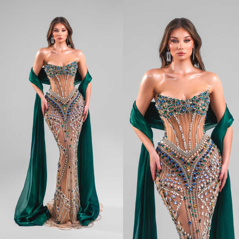 Sparkling Mermaid Evening Dress Strapless Sleeveless Crystal Beading Dress With Wraps Bridal Gown Prom Customized Vestido De Novia