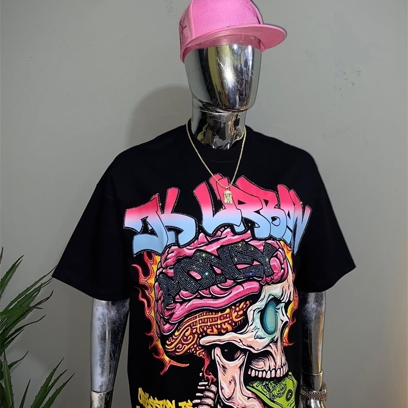 Fashionable Hip-hop Skull Print Retro Style Top Y2K Mens and Womens Retro Kpop Clothing Round Neck Cotton Couple Top 260624