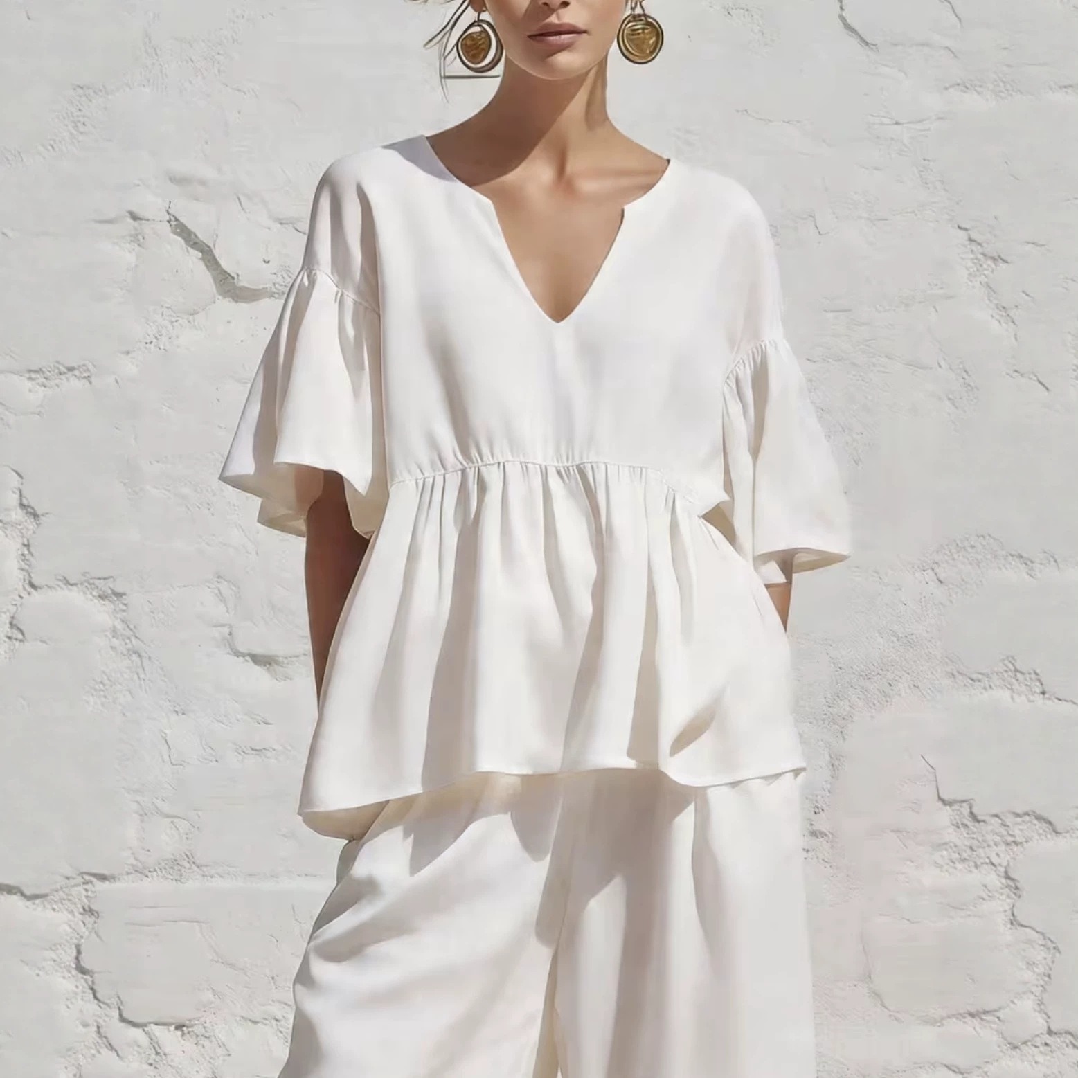 Loose ruffle short sleeve V-neck summer top hot-selling women's clothing
