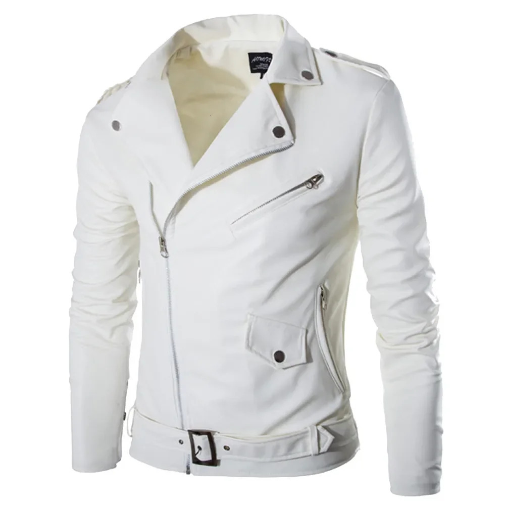 Fashion Pu Leather Jacket Men Buckle Zip Lapel Collar Black White Punk Rock Motorcycle Jacket Coats Spring Autumn Outerwear 260624