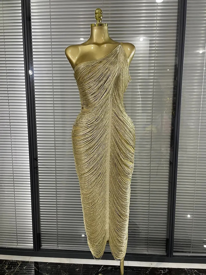 Shining Sequins Tassels Women Sexy One Shoulder Bodycon Long Bandage Dress Elegant Evening Party Celebrate Cocktail Outfit 260625