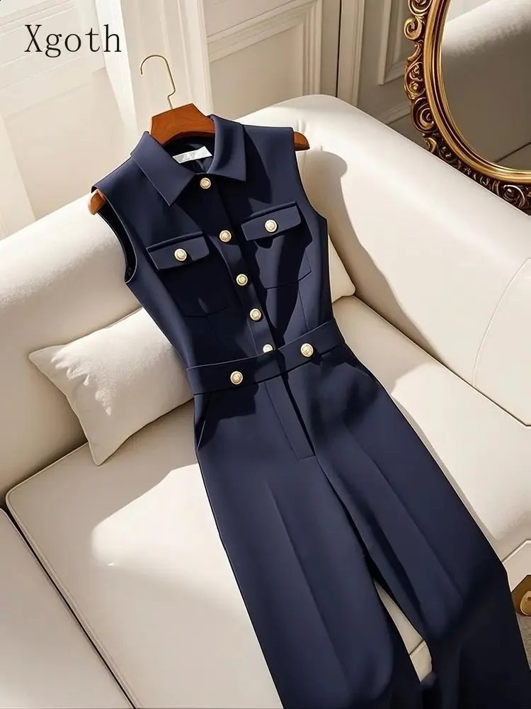 Xgoth Korean Style Sleeveless Jumpsuit for Women Summer High end Navy Blue Waist Slimming Pant Clothing 260617