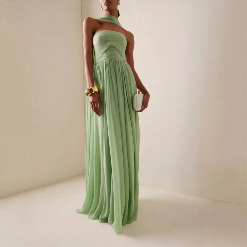 Womens Dress Summer Elegant Off Shoulder With Ribbon Chic Pleated Green Sleeveless A-line Dresses Female Lady Evening Vestidos 260624