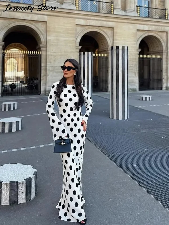 Fashion Polka Dot Dress Womens Slim Long Sleeve O-neck High-Waisted Floor-Length Dresses 2026 Spring Summer Bohemian Robe 260625