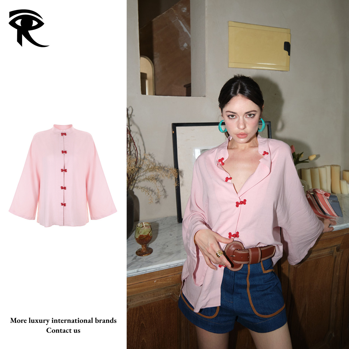 Nouveau Style chinois luxe lin rose grenouille bouton It fille chemise Vintage élégant Socialite banlieue manteau Original créateur de mode vente