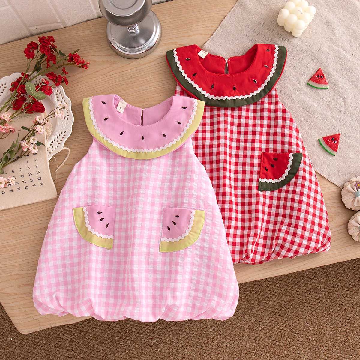 Baby Girl Dress Summer Cotton Solid Color Grid Watermelon Round Neck Sleeveless Girl Dress Cartoon Cute Beach Baby Girl Clothing Y260625R1S0