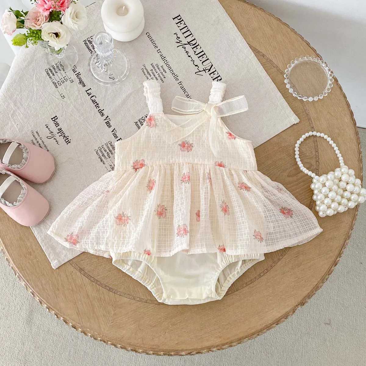 Korean-style summer baby girl sweet and cute floral chiffon sling dress baby girl Korean-style sling bow dress very suitable f Y260625O8TI