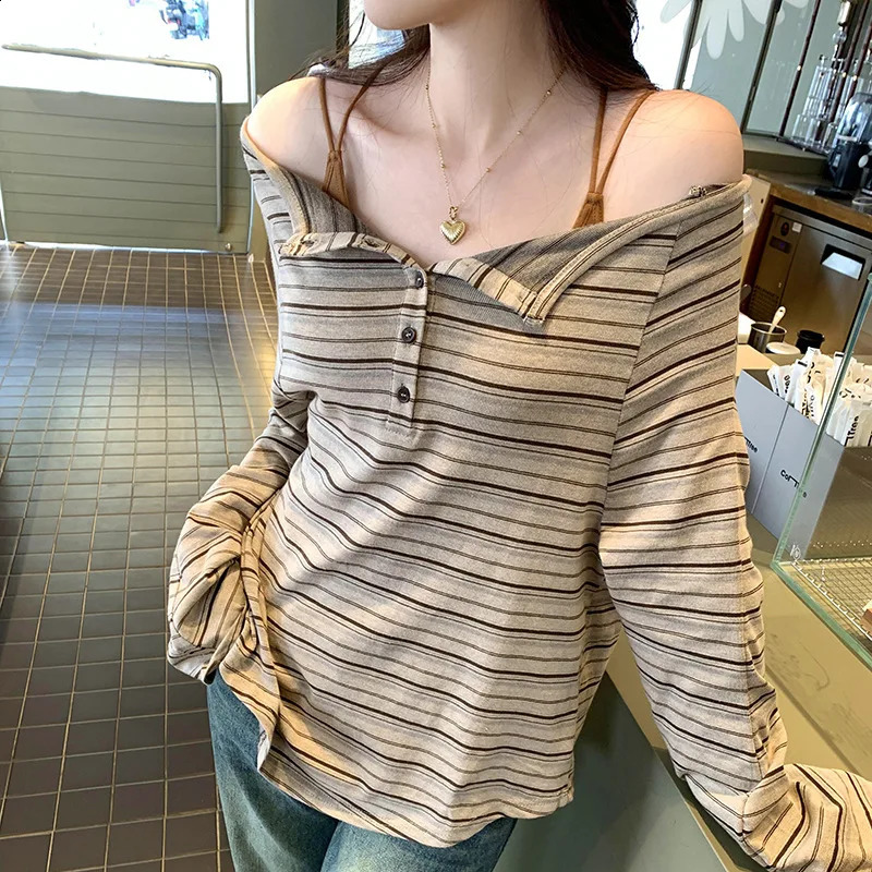 Female Patchwork Striped T-shirts Slash Neck Off Shoulder Long Sleeved Tops Autumn Fashion Vintage Casual Loose Versatile Tops 260625