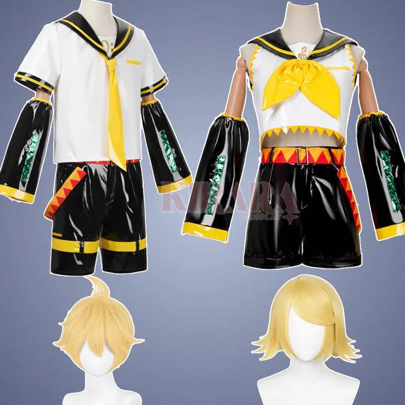Len Rin Costumi Uomo Donna Gemelli Parrucca Cosplay Capelli Uniforme in pelle verniciata per abiti da comico per feste