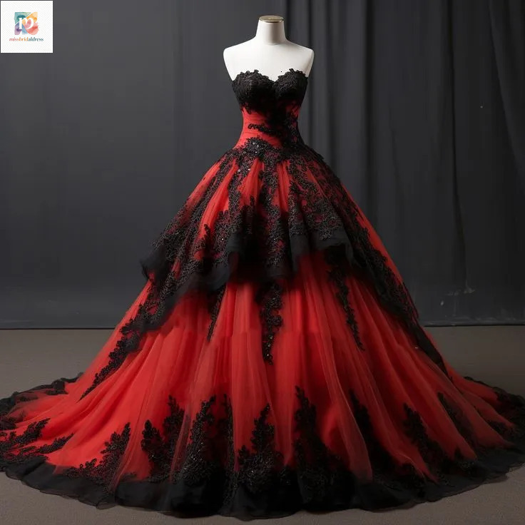 Vintage Black And Red Ball Dresses With Lace Appliques Tiered Strapless Sleeveless Long Gothic Wedding Gown For Women 2025 Plus Size Vestido De Novi
