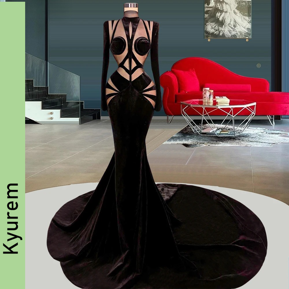 Black Evening Dresses Mermaid Long Sleeves Carpet Runway Celebrity Dresses Robe De Soiree Vestidos De Fiesta Night Gowns