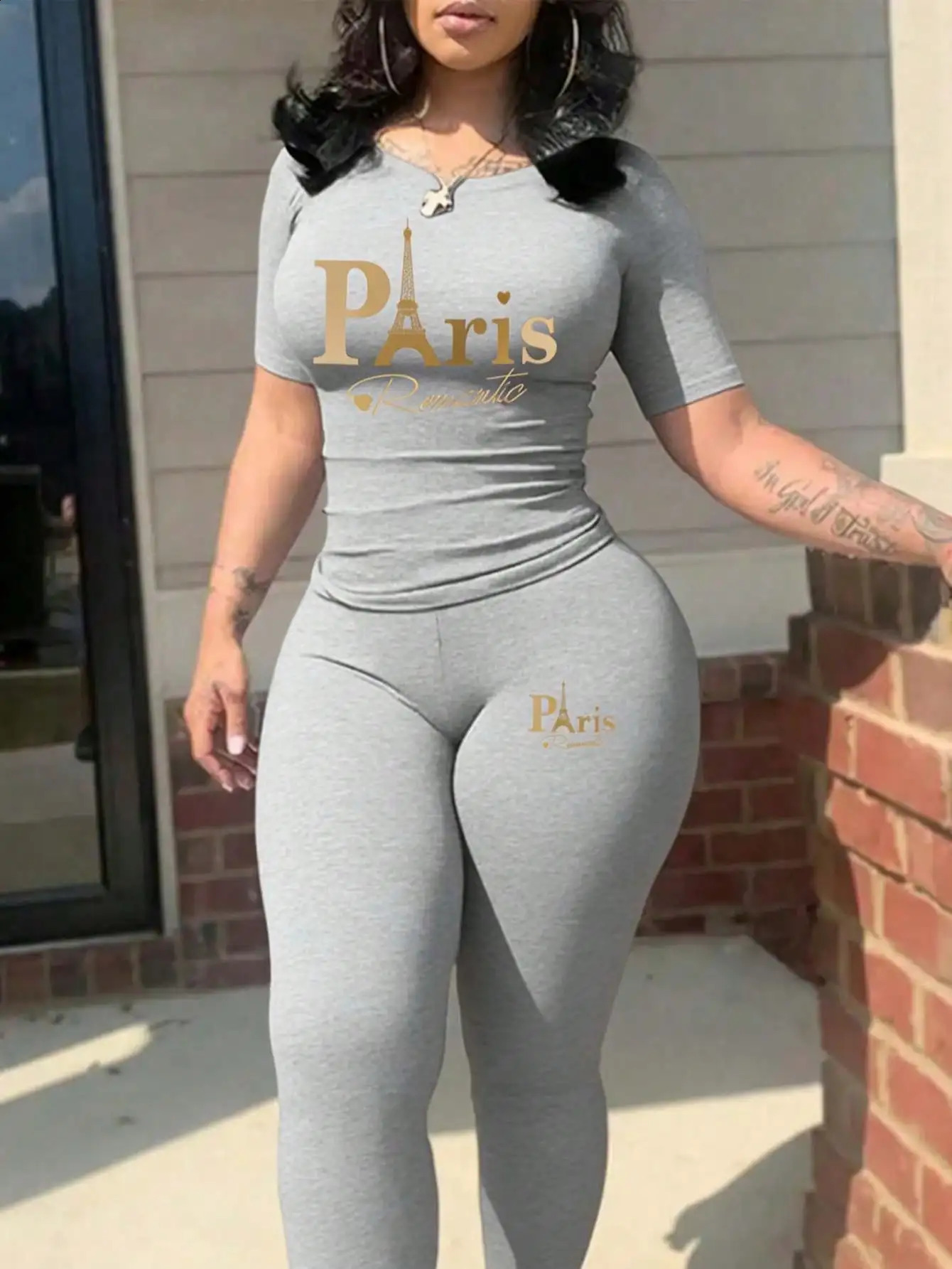 2026 womens Paris printed twopiece set casual short sleeved round neck Tshirt and tight pants long 260625