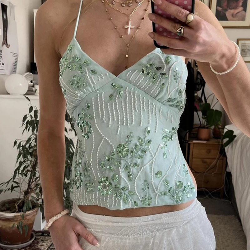 Maemukilabe Sexy Sequin Rhinestone Crop Tops Women Y2k Fairy Coquette Camis Pearl Glitter V Neck Backless Tank Shirt Vest Beach 260625