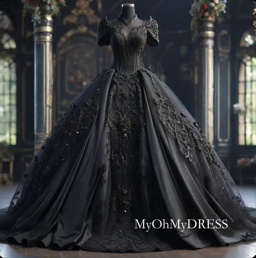 Gothic Black Medieval Satin Applique Ball Gown Bridal Dress A Line Custom Wedding Dresses Floor Length Cubic Floral Lace Up/Zipper Back Youmaigowns