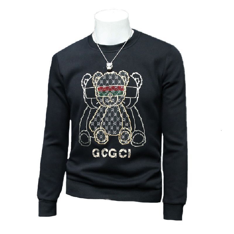Cartoon Bear Embroidered Rhinestone Sweatshirt, Gender-Neutral Men's Long Sleeve Crewneck Pullover, Black 100% Cotton Shirt for Outdoor Recreation,